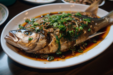 Steamed fish with chili sauce in white plate on wooden table.の素材
