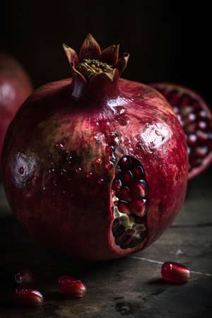 Ripe pomegranate fruit with seeds on dark wooden backgroundの素材