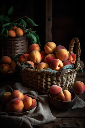 Fresh peaches in a basket on a wooden table. Selective focus.の素材
