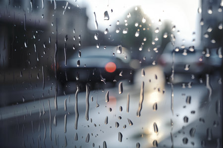 raindrops on the glass, car on the road, blurred backgroundの素材