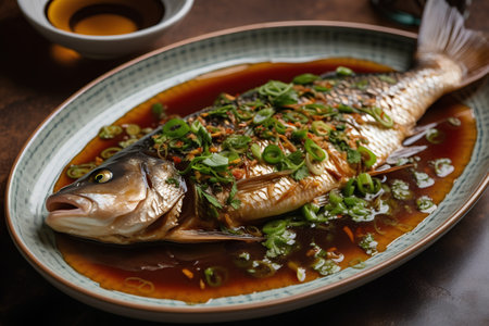 Grilled carp with soy sauce and herbs on a dark background.の素材