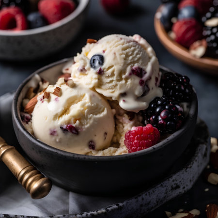 Vanilla ice cream with fresh berries and nuts. Selective focus.の素材