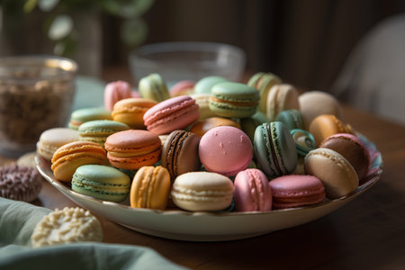 Colorful macaroons in a plate on a wooden table.の素材
