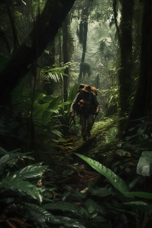 Hiking in the rainforest with backpack and trekking poles.の素材