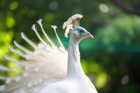 Peacock with white feathers on a bokeh background.の素材