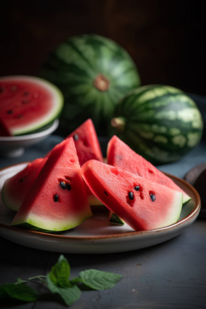 Slices of watermelon on a plate, selective focus.の素材