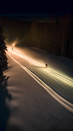 Snowboarder on the ski slope in the mountains at night.の素材