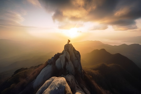Hiker stand on top of mountain and looking at the sunrise.の素材