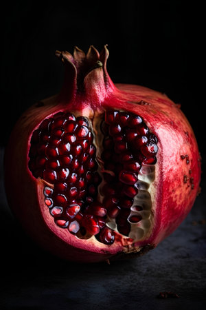 Ripe pomegranate fruit with seeds on a black backgroundの素材