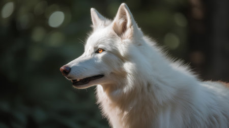 Portrait of a beautiful white swiss shepherd dog in the forestの素材