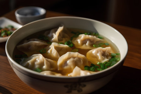 Chinese dumplings in a bowl on a wooden table, close-upの素材