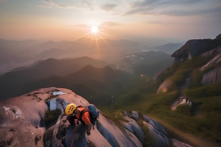 mountain climber on the top of the mountain with sunrise backgroundの素材