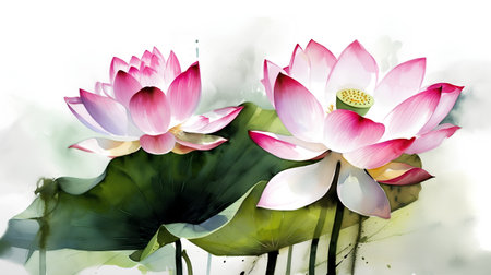 Watercolor painting of pink lotus flower and green leaves on white backgroundの素材