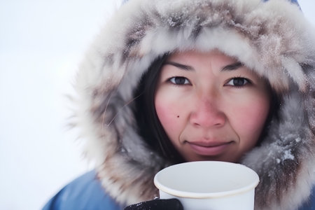 Beautiful asian woman with a cup of hot drink in winterの素材