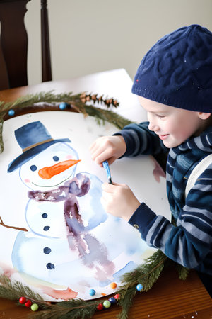 Little boy painting a snowman with a felt-tip pen.の素材