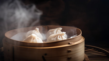 Chinese steamed dumplings in bamboo steamer on dark backgroundの素材