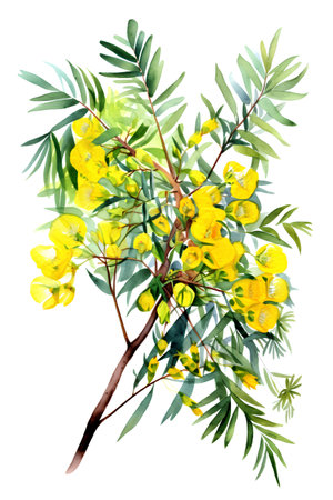 Eucalyptus branch with yellow flowers, watercolor illustrationの素材