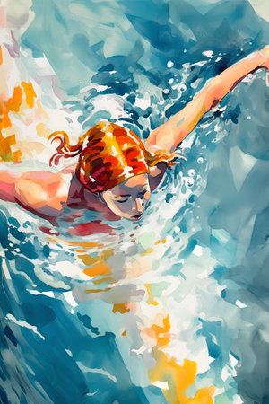 A watercolor illustration of a swimmer swimming in the pool.の素材