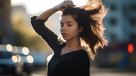 Portrait of a beautiful young woman with wind in her hair.の素材