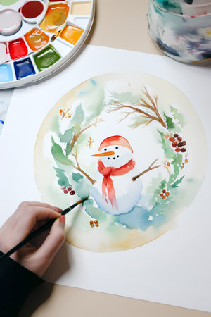 Painting a snowman with watercolors, close-upの素材