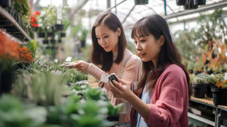 Beautiful asian girl taking photo with smartphone in garden center.の素材