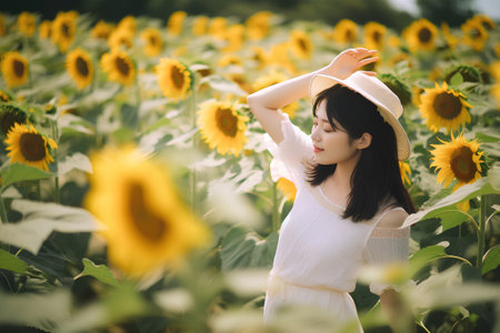Beautiful asian woman in white dress with sunflower field.の素材