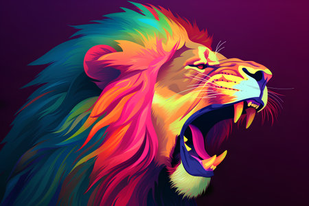 Lion head vector illustration. Colorful lion head isolated on black background.の素材