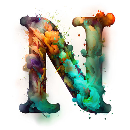 Alphabet N, Watercolor paint splatter, isolated on white backgroundの素材