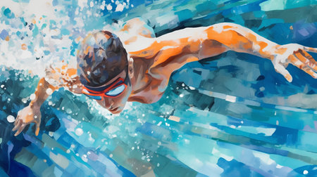 Watercolor painting of a swimmer swimming in the blue water.の素材