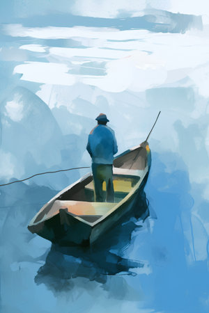 Fisherman in a boat on the blue water. Vector illustration.の素材