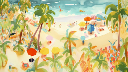 Hand drawn illustration of a beach with palm trees and umbrellasの素材