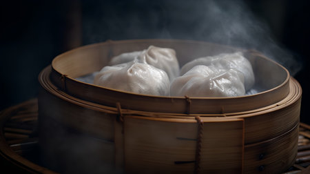 Chinese steamed dumplings in bamboo basket on dark background.の素材