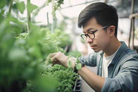 Young asian man working with seedlings in a greenhouse. selective focusの素材
