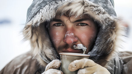 Portrait of a man with a cup of hot drink in winterの素材
