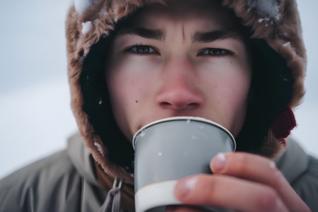 Young man drinking hot coffee in winter time. Closeup portrait.の素材