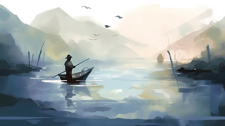 Fisherman in a boat on the lake. Vector illustration.の素材