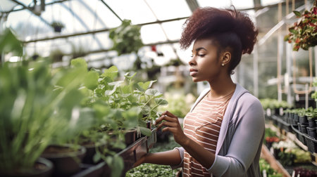 Young african american woman working in greenhouse, looking at plantsの素材