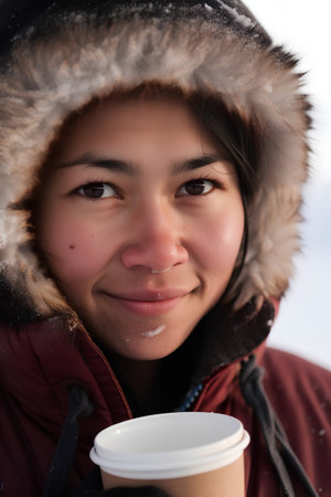 Portrait of a young woman with a cup of coffee in winterの素材