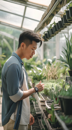 Young asian man taking care of plants in the greenhouse. Gardening concept.の素材