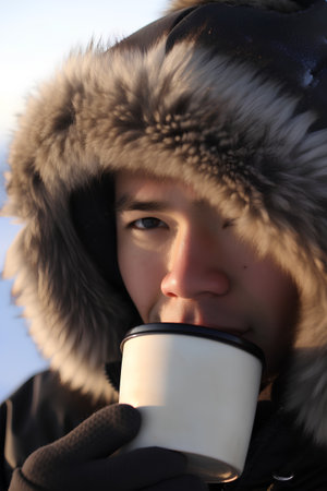 Young woman drinking hot beverage from a cup in the cold winter dayの素材