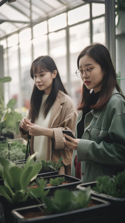 Two young asian women taking care of plants in a greenhouse.の素材