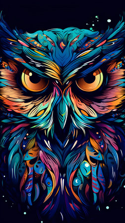 Colorful owl head with abstract patterns on black background. Vector illustration.の素材