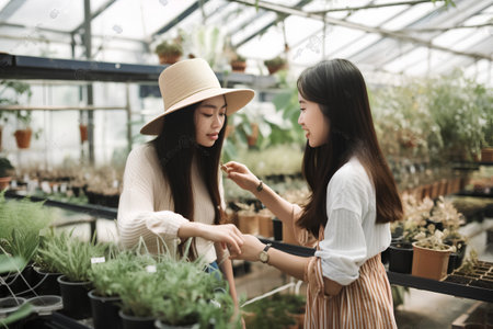 Two young asian women working in a greenhouse. Concept of gardening.の素材