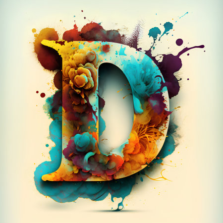 Letter D filled with colorful watercolor splashes, 3d renderの素材