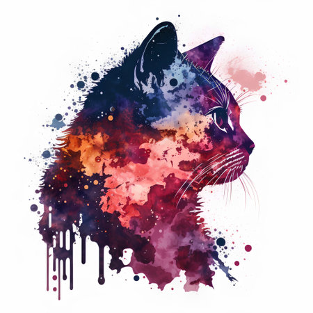 Watercolor portrait of a cat with colorful splashes on white backgroundの素材