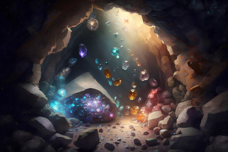 Fantasy cave with gems and light rays. 3D illustration.の素材