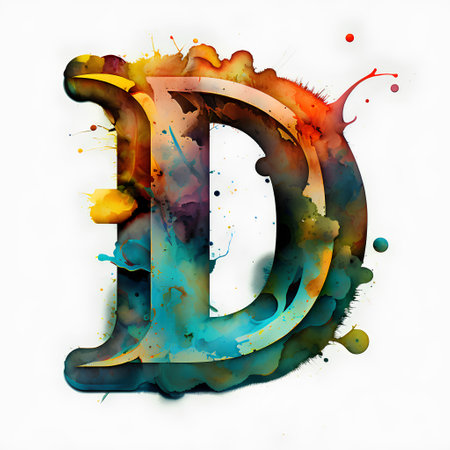 Letter D painted with watercolor paint splashes, isolated on white background.の素材