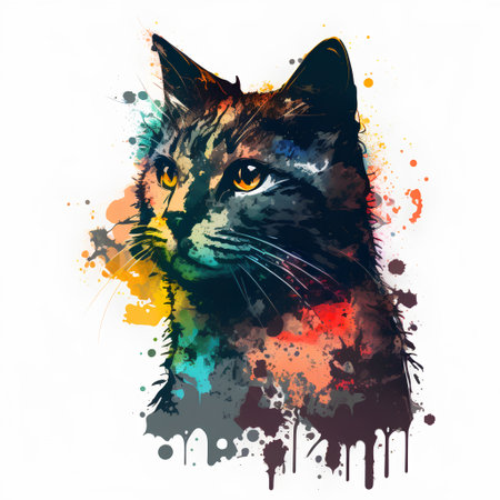 Colorful portrait of a cat in watercolor splashes on white backgroundの素材