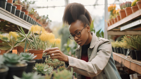 Young african american woman in eyeglasses working in greenhouseの素材