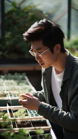 young asian man planting seedlings in a greenhouse, selective focusの素材
